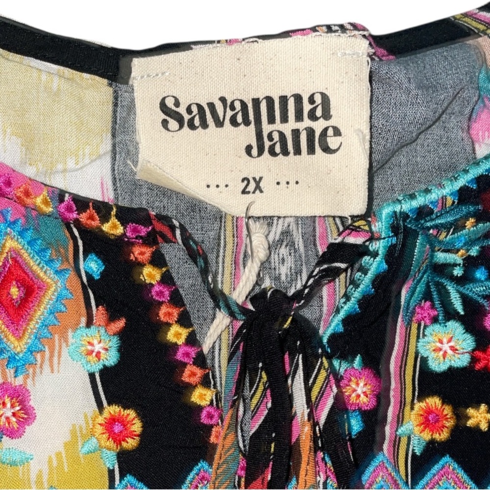 Savanna Jane Black Embroidered Top with Bell Sleeves and a Striped Pattern. - Picture 4 of 4